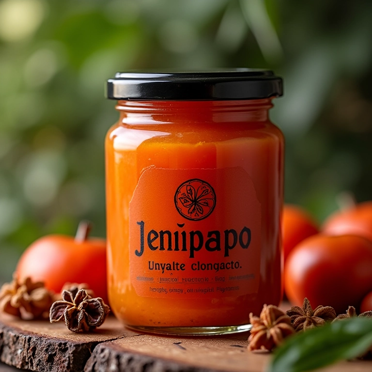 Compota de jenipapo com especiarias em um pote de vidro, com embalagem elegante.