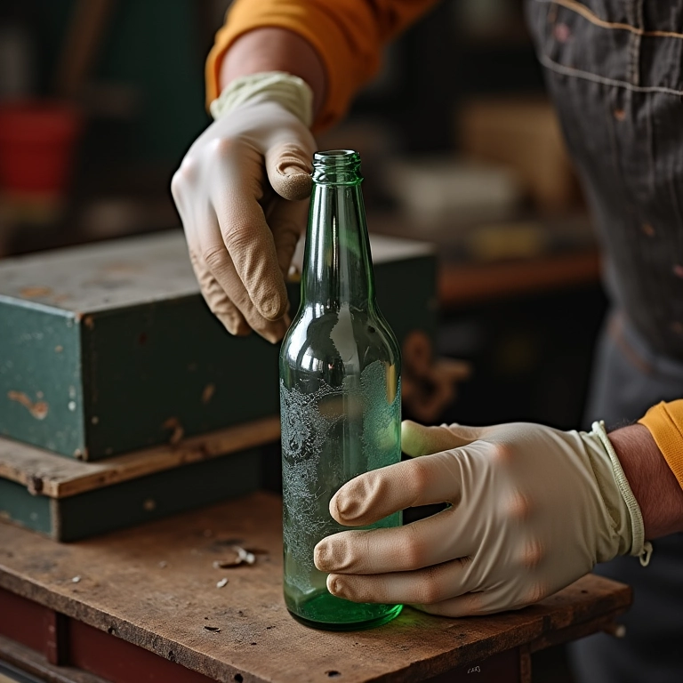 Corte de garrafa de vidro com resistência elétrica caseira, utilizando luvas de proteção.