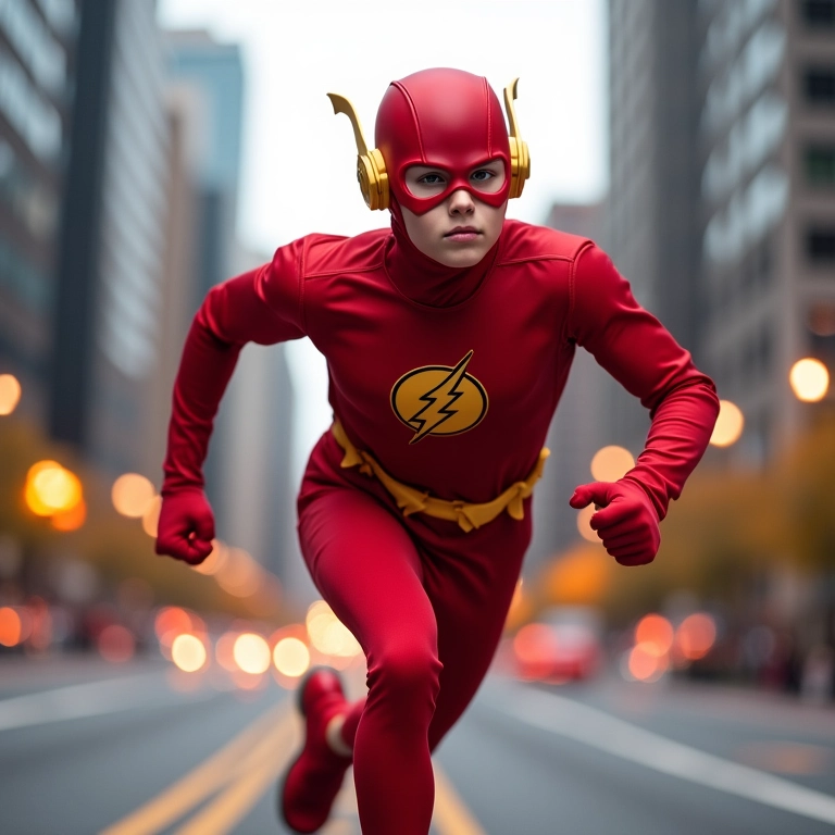 Cosplayer correndo fantasiado de Flash em cenário urbano vibrante.