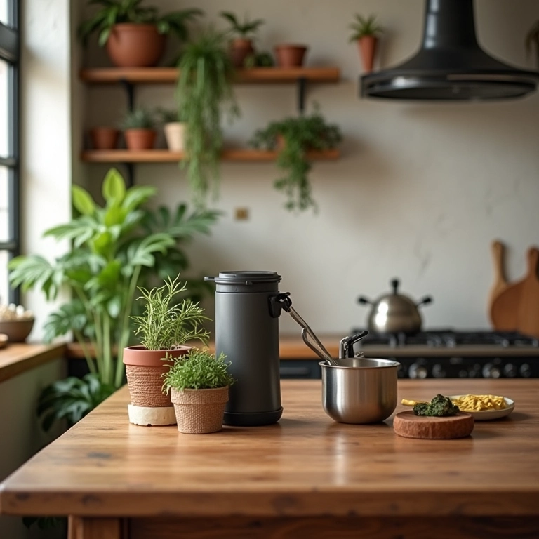 Cozinha aconchegante com panela de pressão e decoração brasileira.