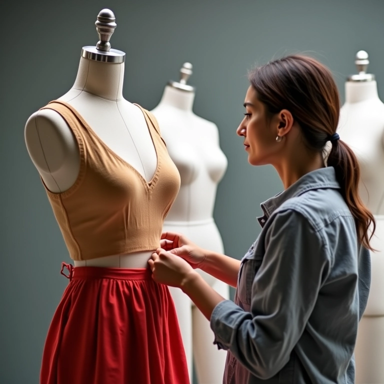 Designer ajustando saia trompete em manequim com padrão de costura.