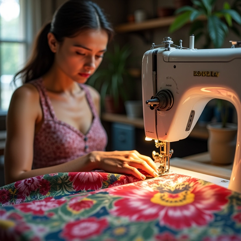 Detalhe de mulher costurando saia trompete florida em máquina Singer.