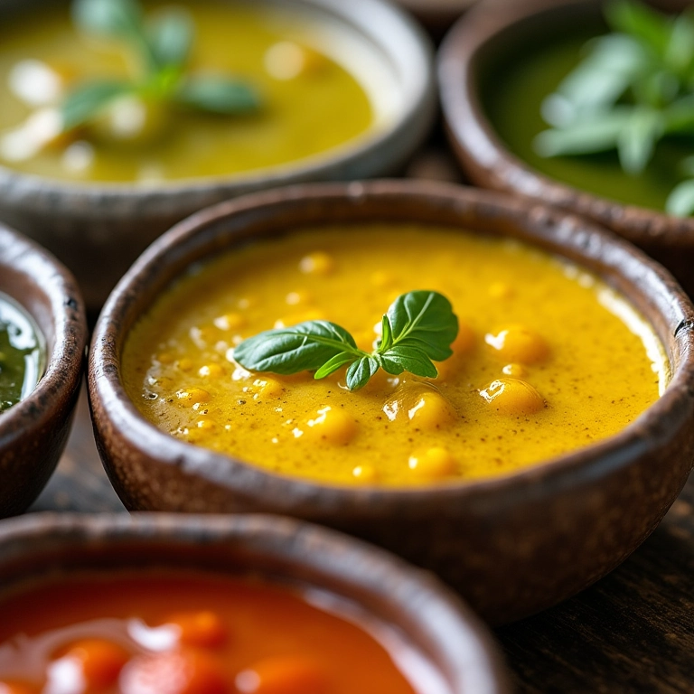 Diferentes proporções de vinagrete em tigelas.