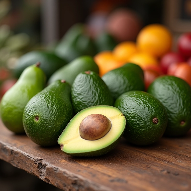 Diferentes tipos de abacate expostos em mesa de madeira.