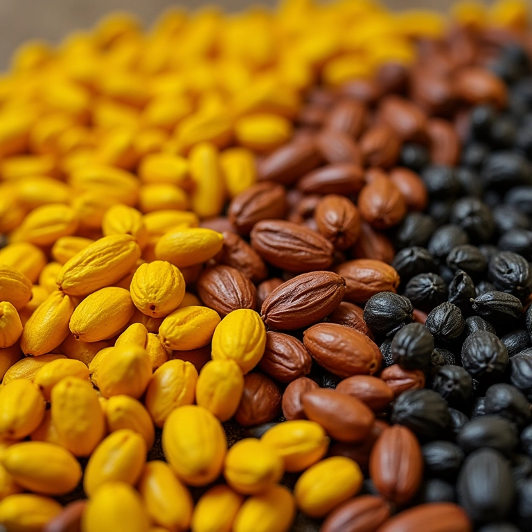 Diferentes tipos de grãos de mostarda: amarelo, marrom e preto.