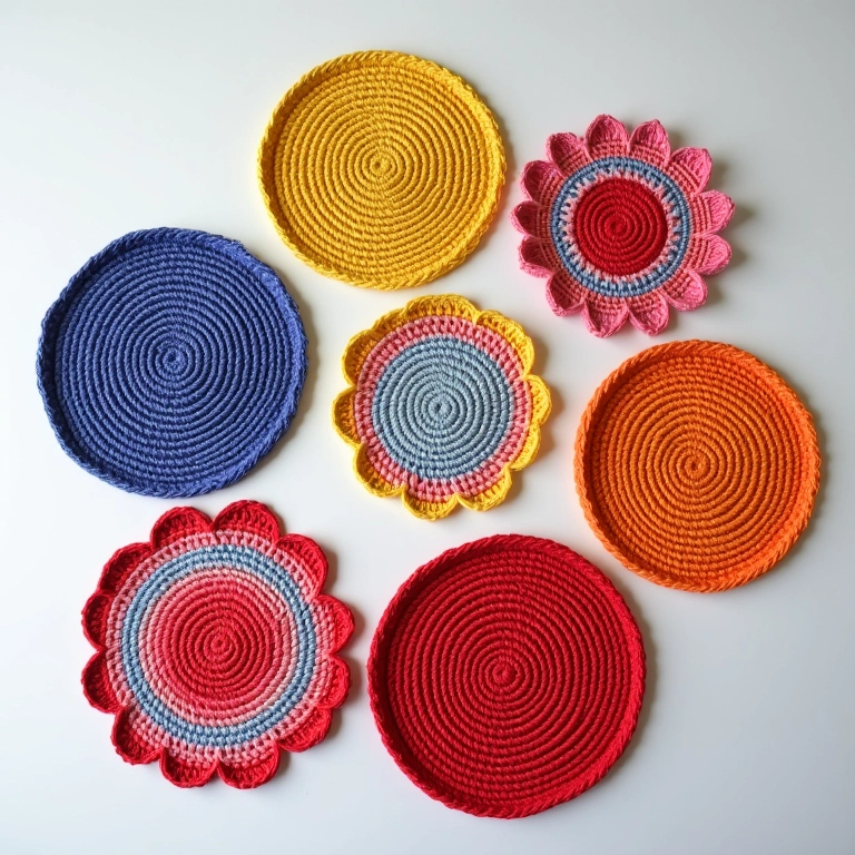 Diversos jogos americanos de crochê redondo coloridos.