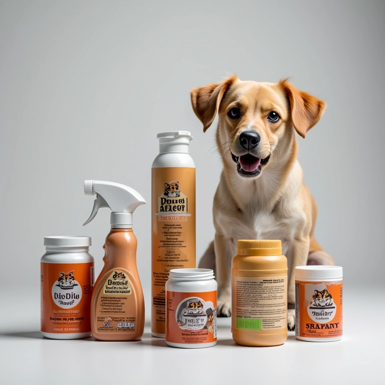 Diversos produtos que ajudam no adestramento de cães, como petiscos e spray atrativo.