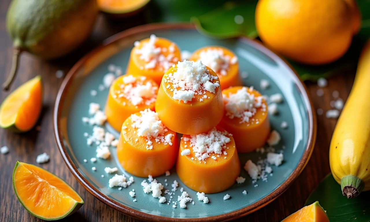 Doce de batata yacon com coco em prato de cerâmica.