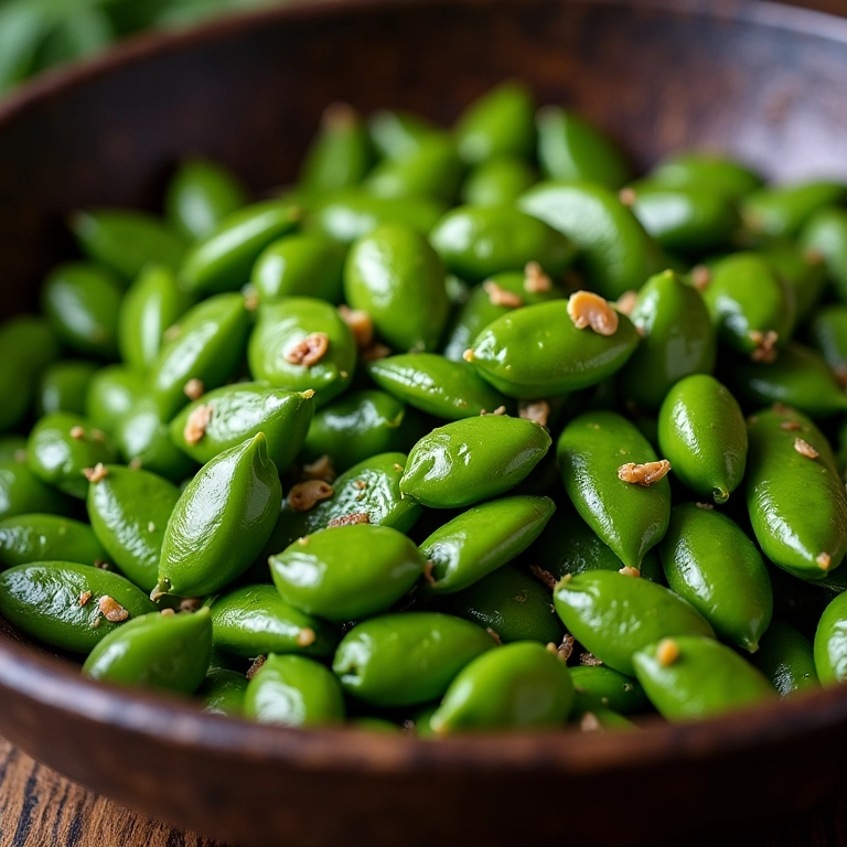 Edamame ao alho e sal refogado em uma panela rústica com ervas.
