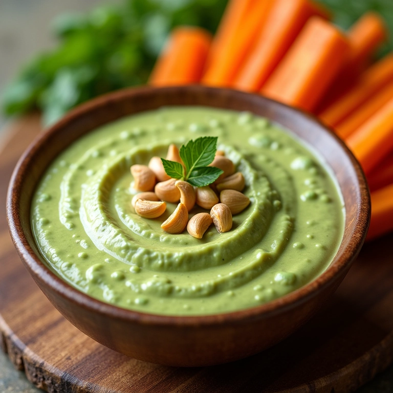 Edamame cremoso com castanhas servido com palitos de legumes.