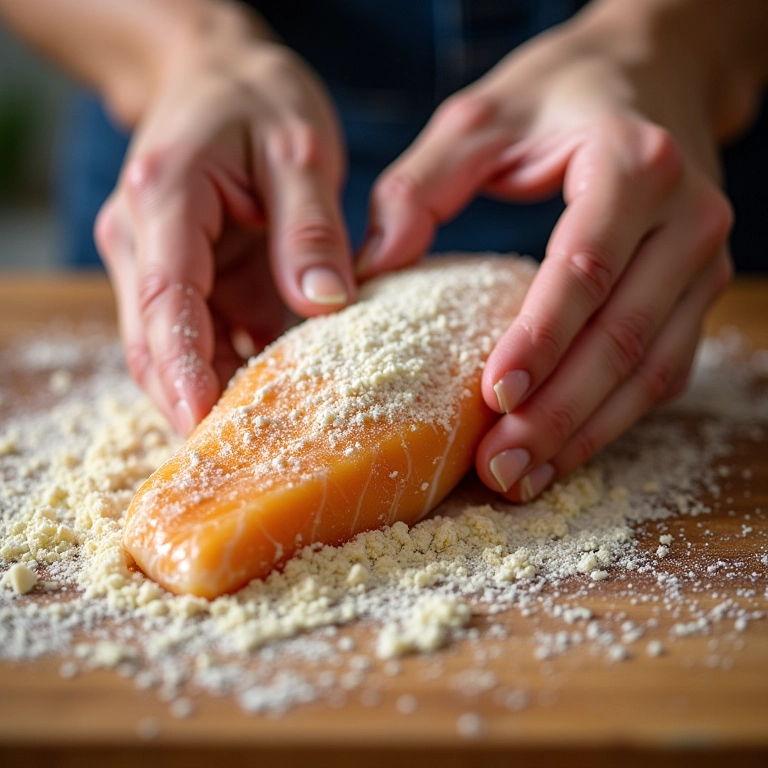 Empanando o peixe passo a passo: farinha, ovo e pão ralado.