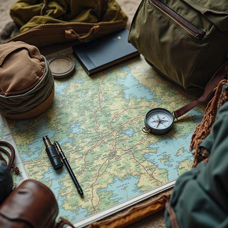 Equipamentos de camping dispostos sobre um mapa, representando planejamento.