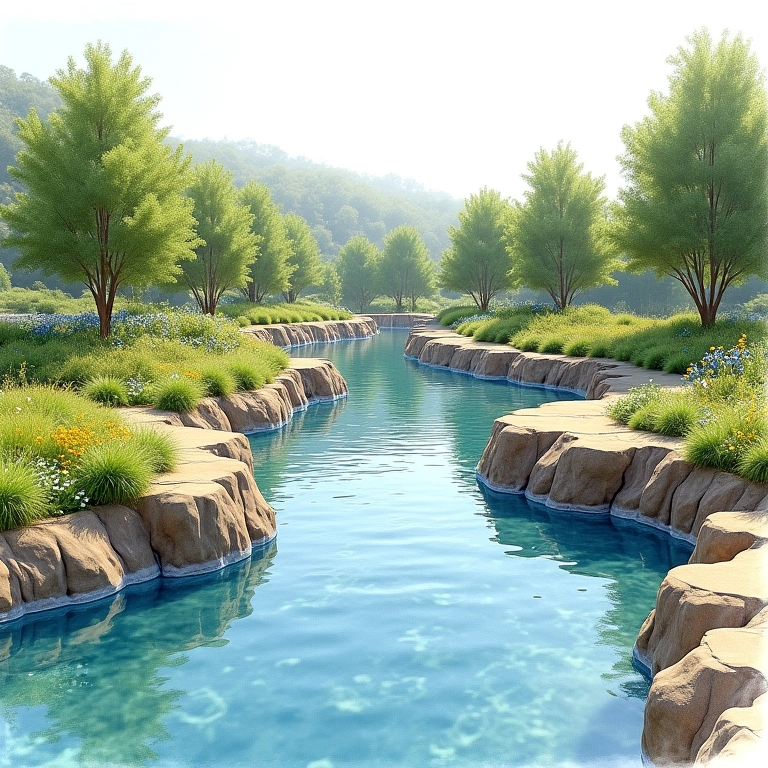 Esboço detalhado do design de um rio artificial com diferentes tamanhos e formatos.