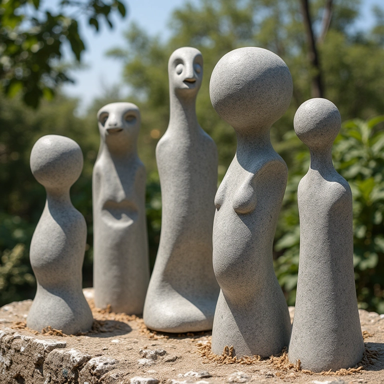 Escultores trabalhando em esculturas de cimento ao ar livre.