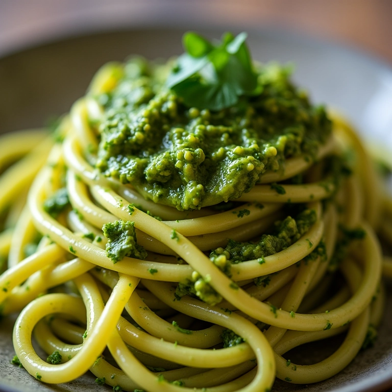 Espaguete de pupunha com molho pesto, um prato leve e saboroso.