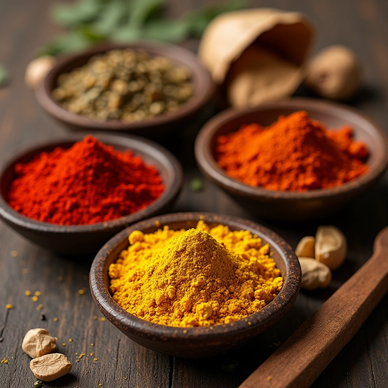 Especiarias coloridas para ketchup: páprica, cominho, mostarda e alho em pó.