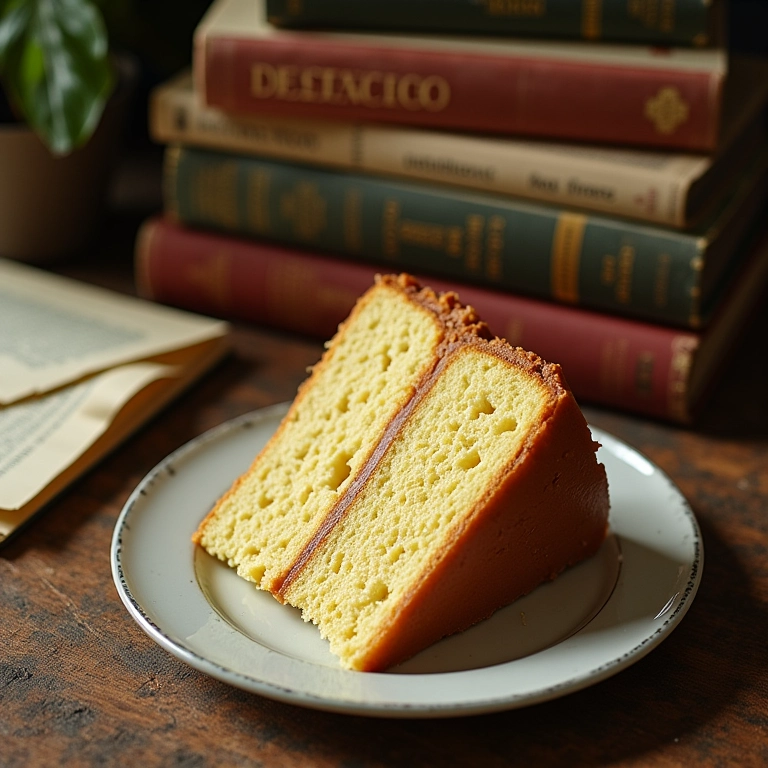 Fatia de Bolo Prestígio com livros de receita antigos.