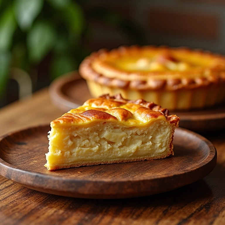 Fatia de torta de taioba com frango em uma mesa de madeira.