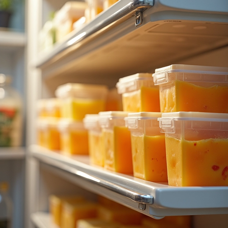 Fatias de bolo gelado armazenadas em geladeira.