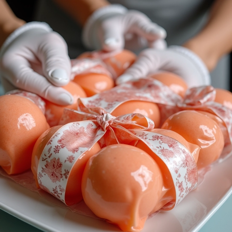 Fatias de bolo gelado embaladas individualmente para venda.