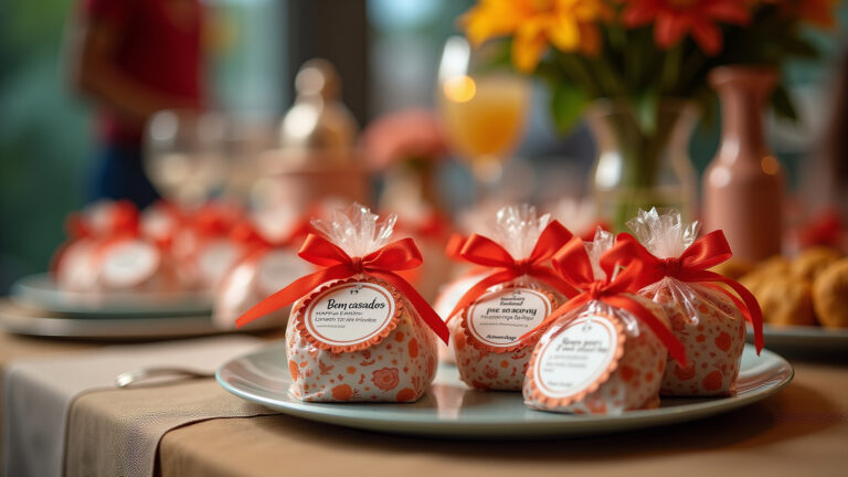 Mesa decorada com bem casados embalados para festa brasileira.