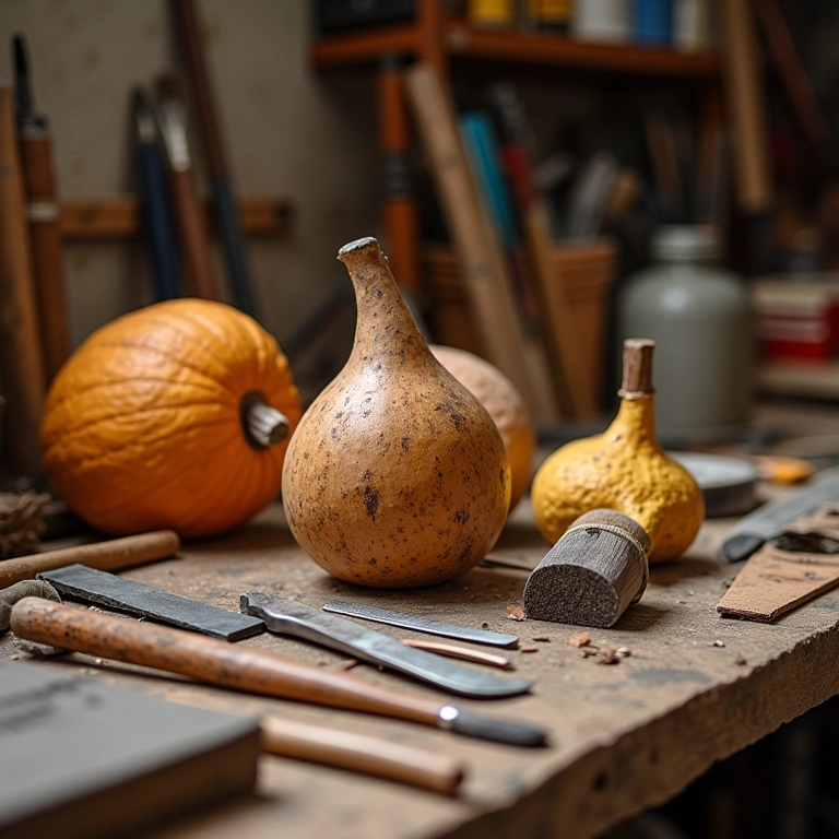 Ferramentas para fazer cuia: facas, lixas, pincéis.
