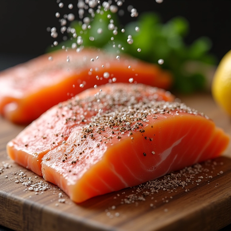 Filé de peixe cru sendo temperado com sal, pimenta e limão.