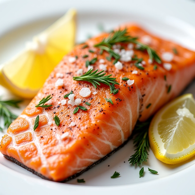 Filé de salmão grelhado com endro, limão e sal marinho.