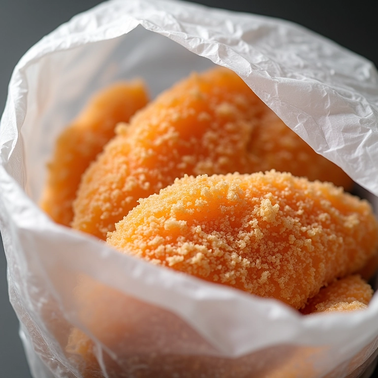 Filés de peixe empanado congelados em um saco no freezer.