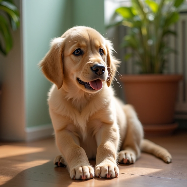 Filhote de Golden Retriever aprendendo a fazer necessidades no lugar certo com tutor feliz.