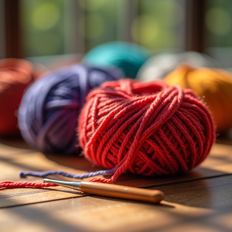 Fios coloridos e agulha de crochê em mesa de madeira.