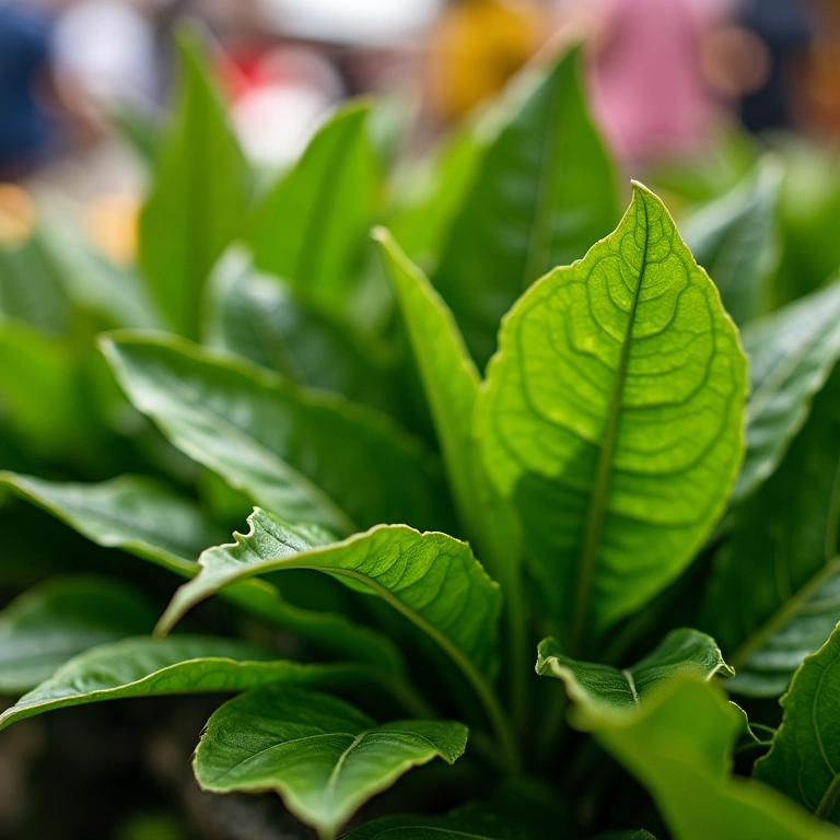 Folhas frescas de taioba em um mercado brasileiro vibrante.