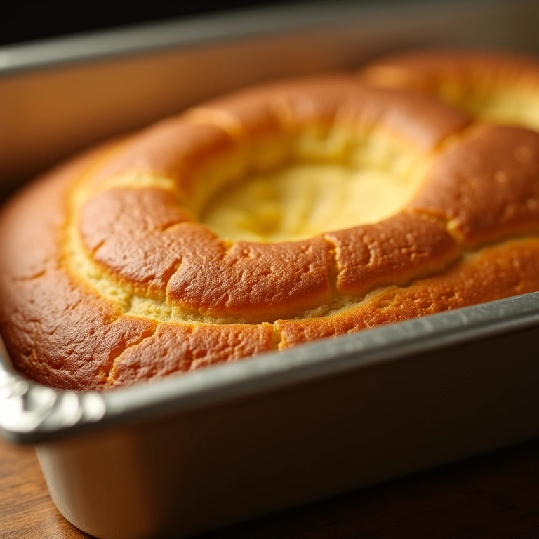 Forma de alumínio antiaderente com bolo recém-assado.