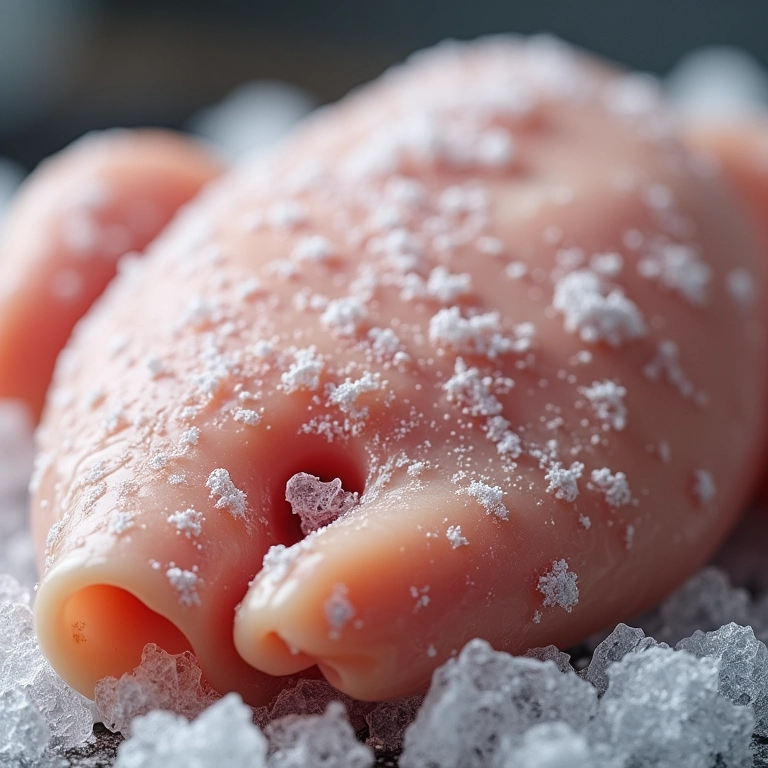 Frango congelado com cristais de gelo.
