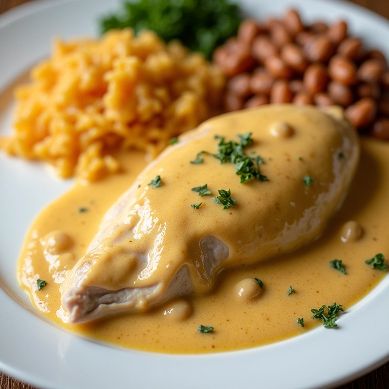 Frango cremoso com requeijão, servido com arroz e feijão.