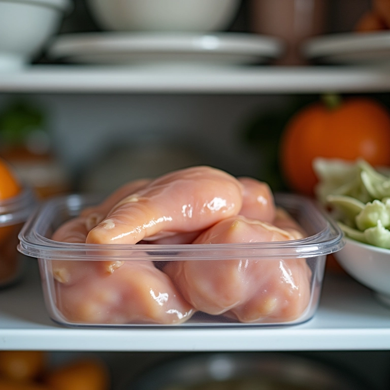 Frango que sobrou em um recipiente na geladeira.