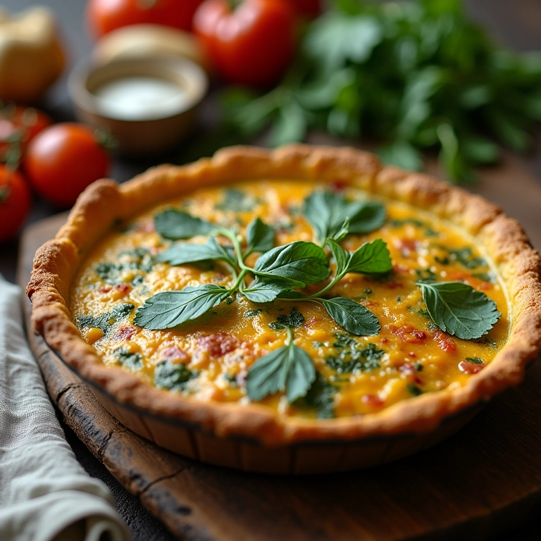 Frittata colorida feita com sobras de vegetais, servida em cozinha rústica e aconchegante.