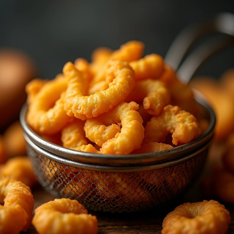Fritura crocante escorrendo óleo em cozinha rústica brasileira.