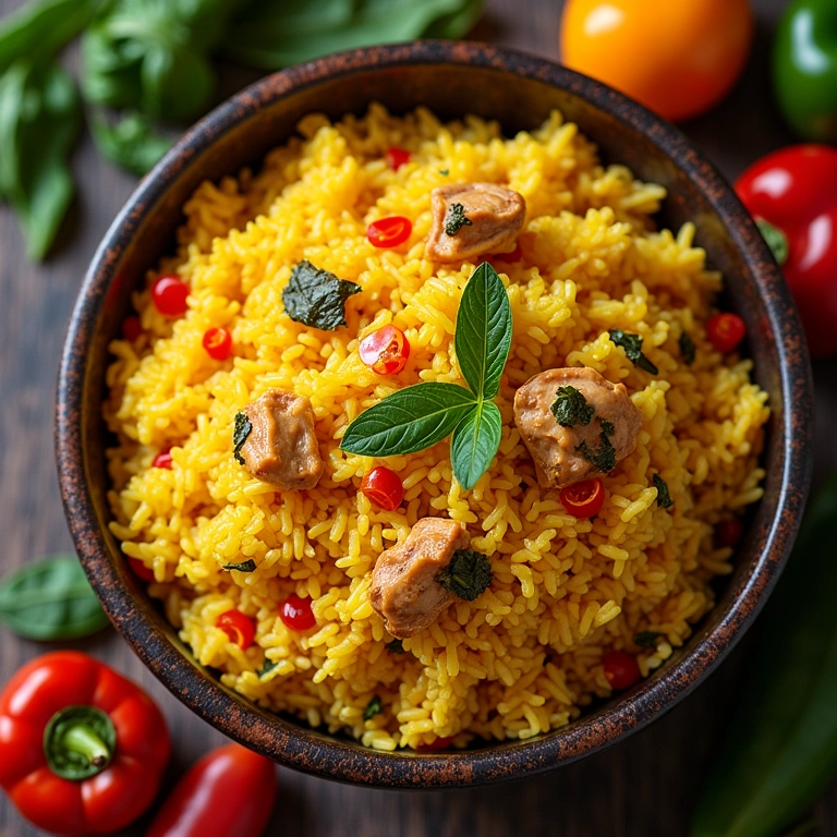 Galinhada colorida com arroz soltinho em cozinha rústica.