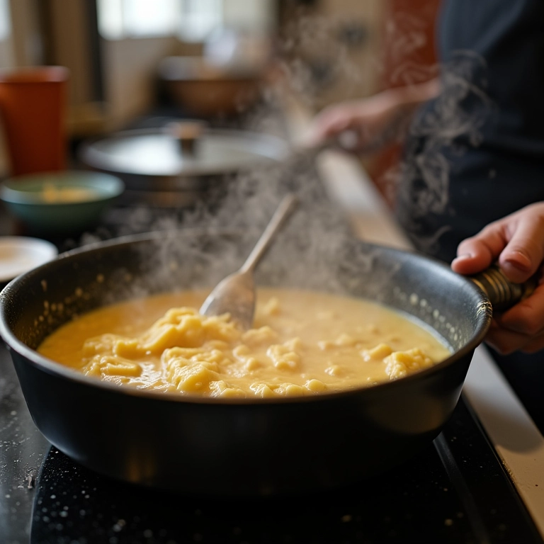 Galinhada cozinhando na panela, com dica para não grudar.
