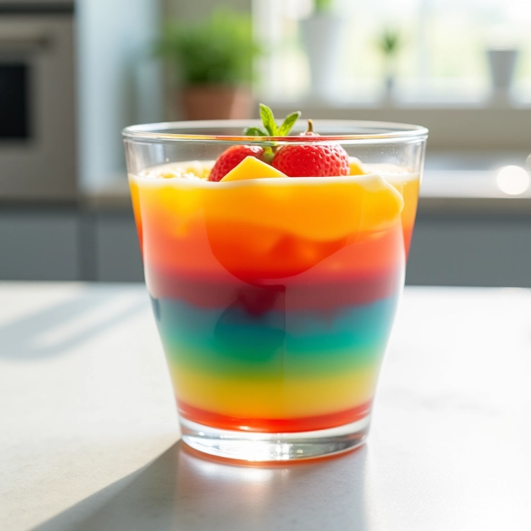 Gelatina colorida em camadas vibrantes servida em copo de vidro.