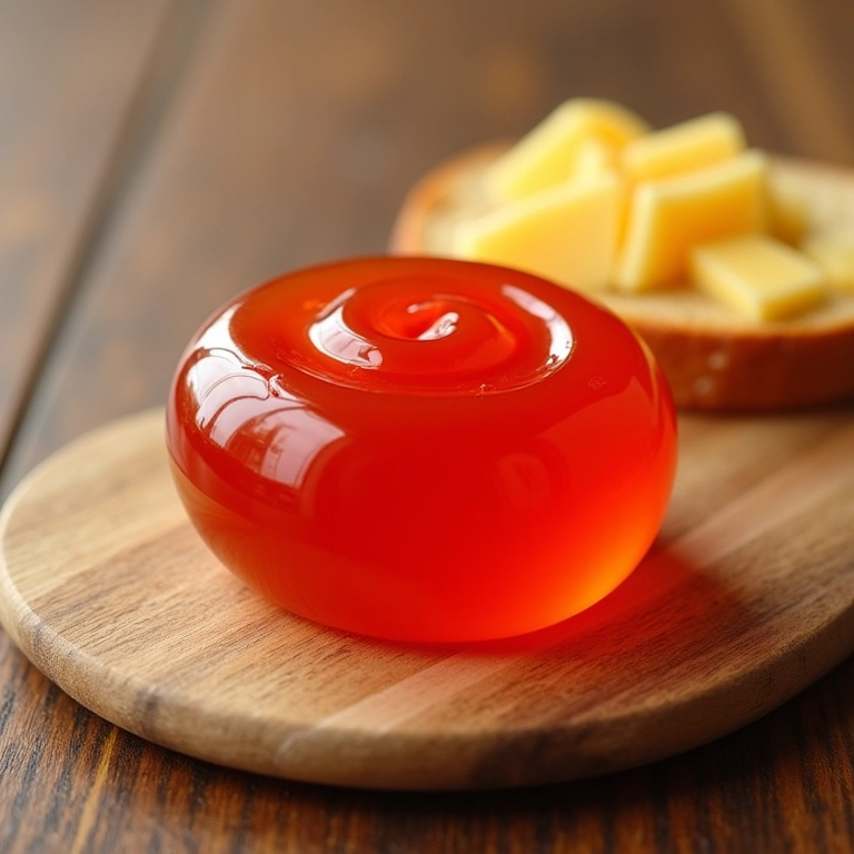 Geleia de jenipapo agridoce servida com queijos e torradas em uma mesa de madeira.