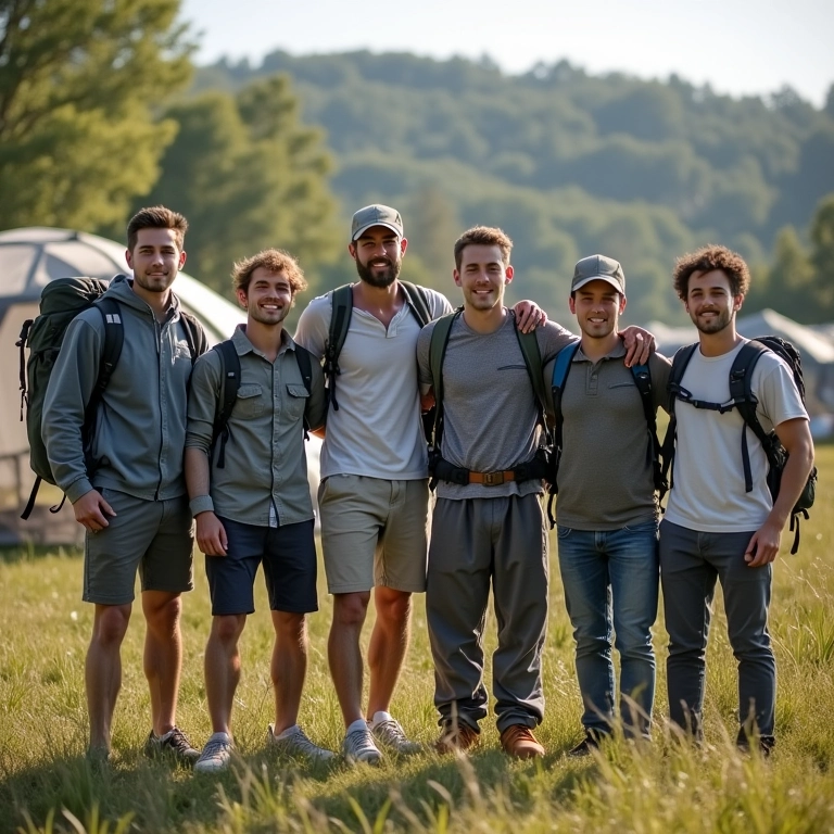 Grupo de amigos ao lado de barracas de diferentes tamanhos.