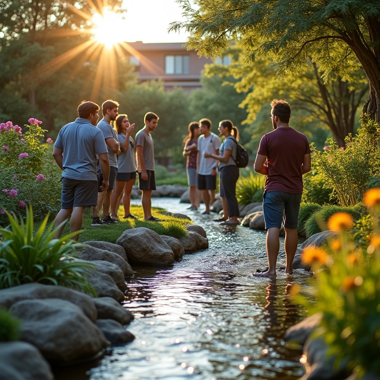Grupo diverso planejando a localização ideal para um rio artificial em um quintal.