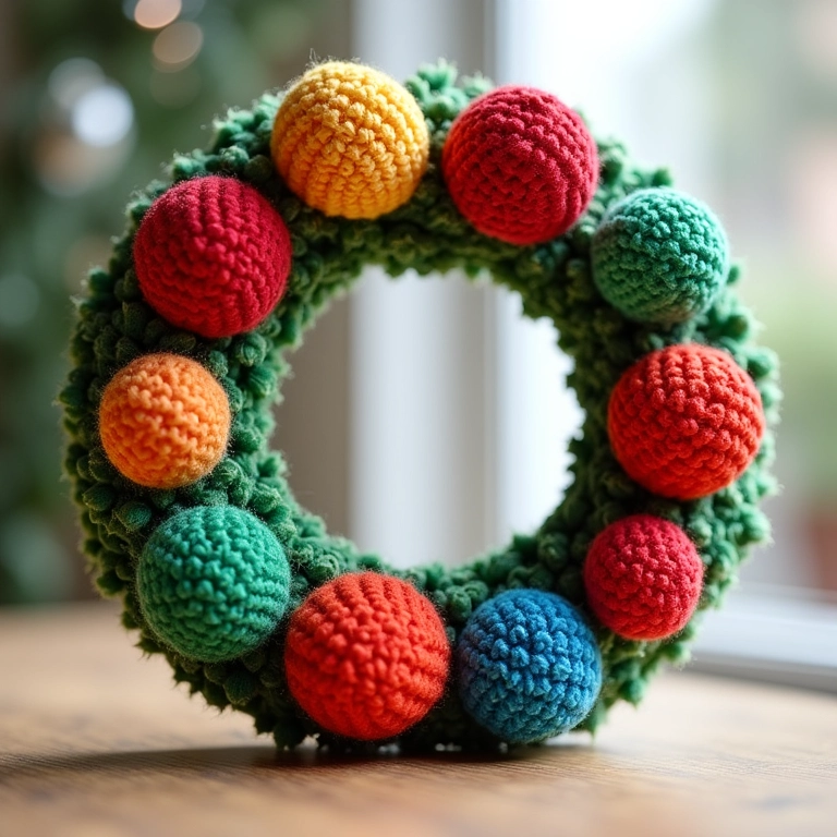 Guirlanda de Natal amigurumi com bolas coloridas.
