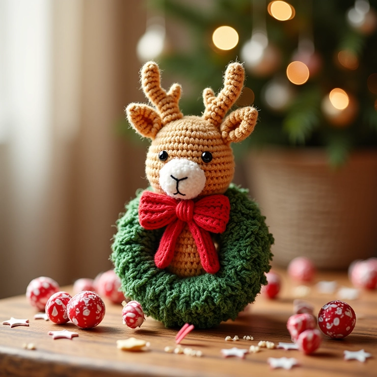 Guirlanda de Natal amigurumi com doces de crochê.