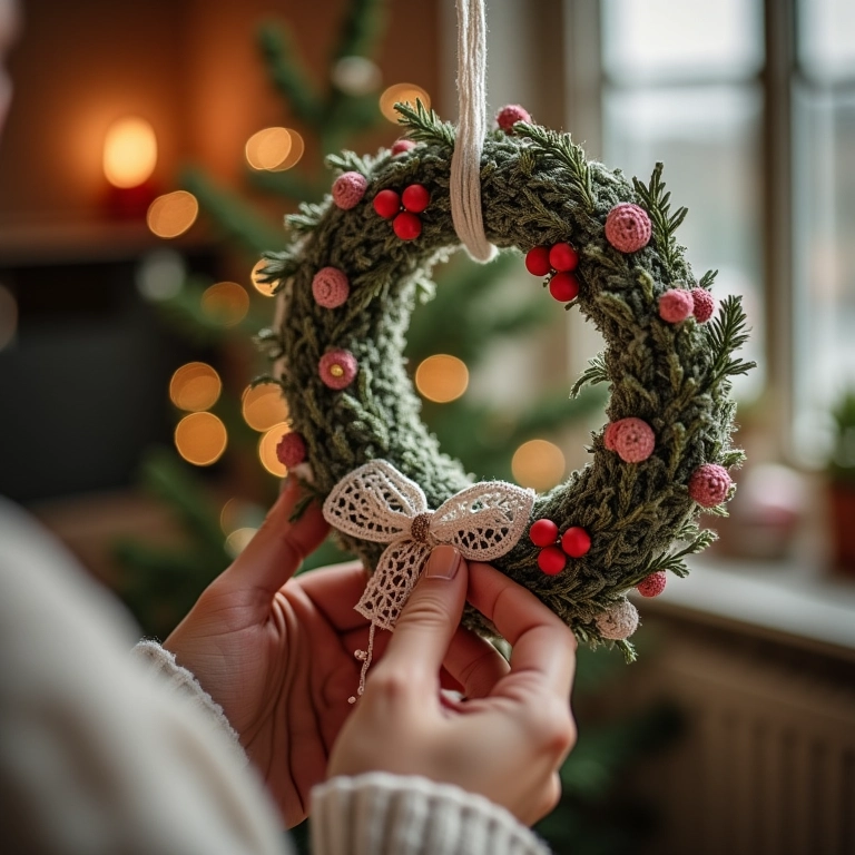 Guirlanda de Natal amigurumi com fitas de crochê.