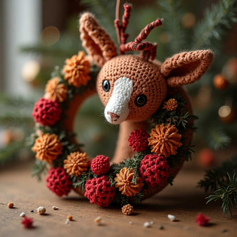 Guirlanda de Natal amigurumi com flores secas.