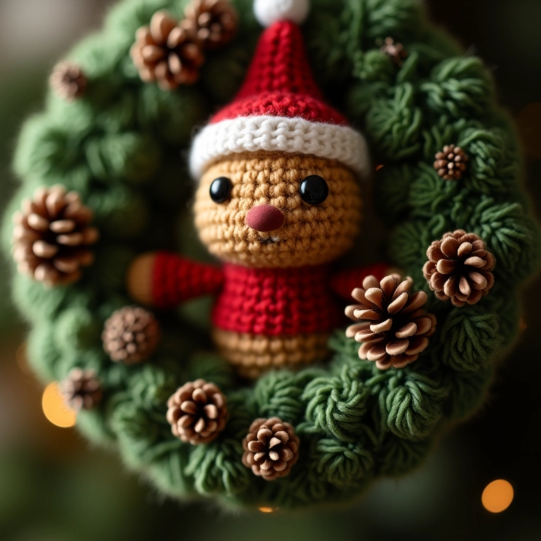 Guirlanda de Natal amigurumi com pinhas de crochê.