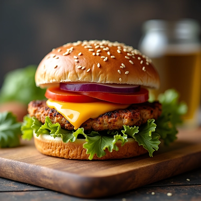 Hambúrguer de frango caseiro apetitoso em tábua de madeira.